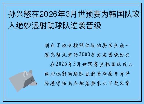 孙兴慜在2026年3月世预赛为韩国队攻入绝妙远射助球队逆袭晋级